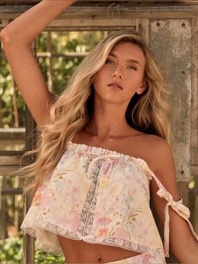 BNWT Altar’d State Alexandra Floral Lace-Trim Crop Top in Pink, Blue, Yellow